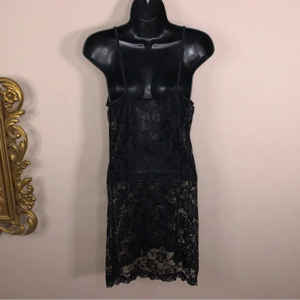 Vintage Small Black Lace Chemise Dress Sheer Retro 90s Era Goth Pinup Glam Vneck